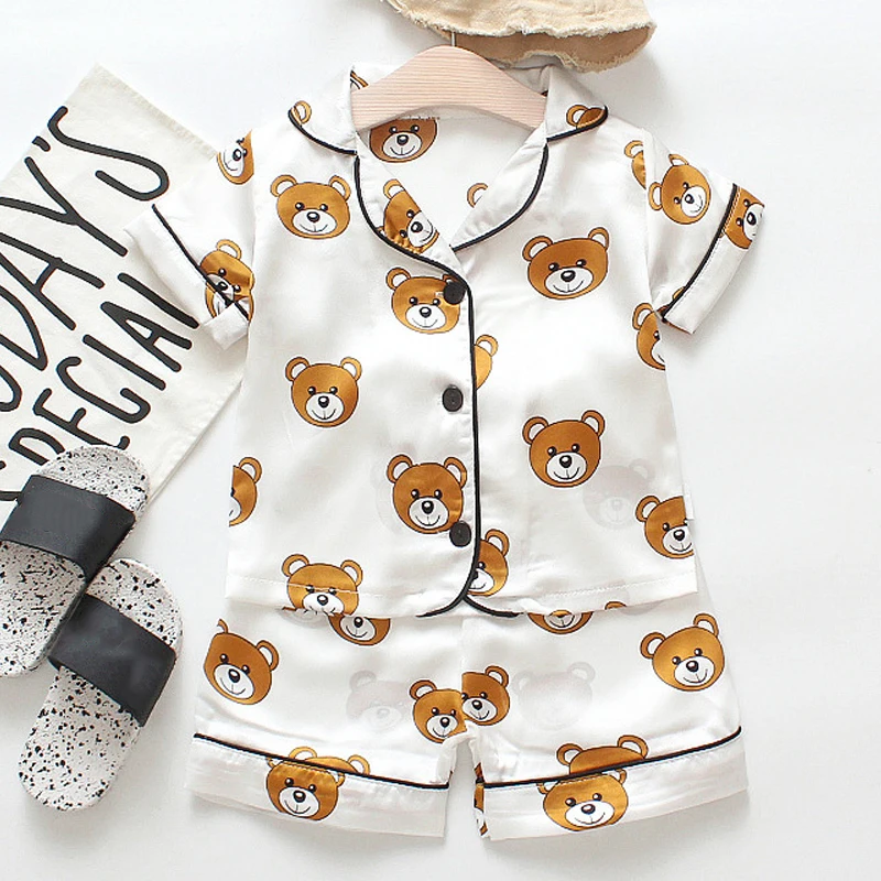 Children's Pajama Set Cartoon Little Bear Girl Ice Silk Satin Top and Pants Set Boys' Pajamas Spring/Summer Baby Set