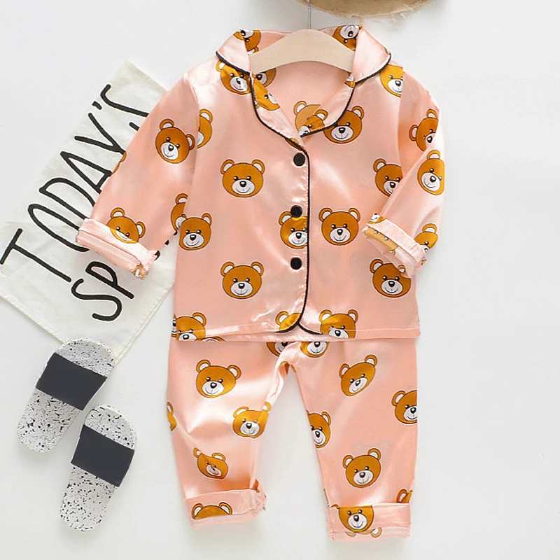 Children's Pajama Set Cartoon Little Bear Girl Ice Silk Satin Top and Pants Set Boys' Pajamas Spring/Summer Baby Set
