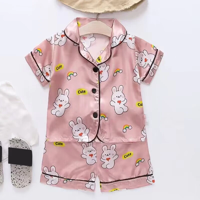 Children's Pajama Set Cartoon Little Bear Girl Ice Silk Satin Top and Pants Set Boys' Pajamas Spring/Summer Baby Set