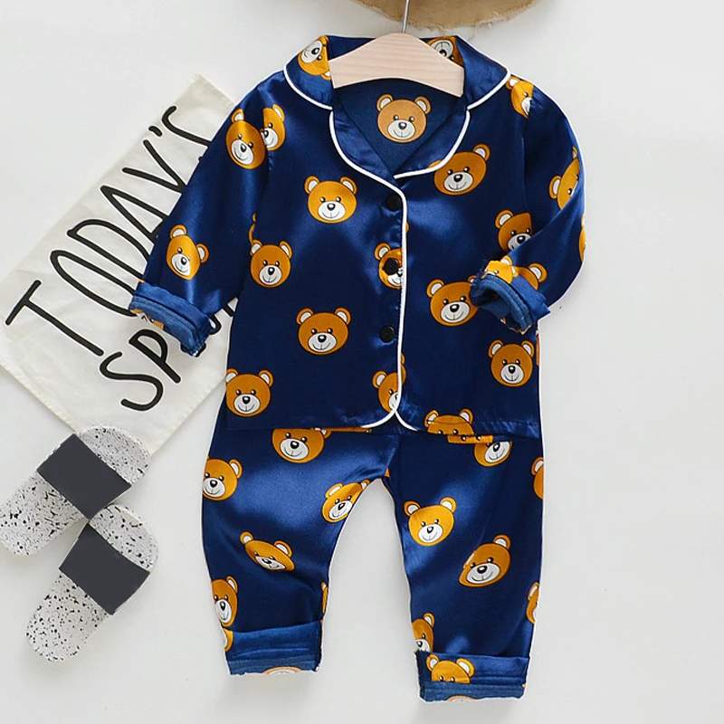 Children's Pajama Set Cartoon Little Bear Girl Ice Silk Satin Top and Pants Set Boys' Pajamas Spring/Summer Baby Set