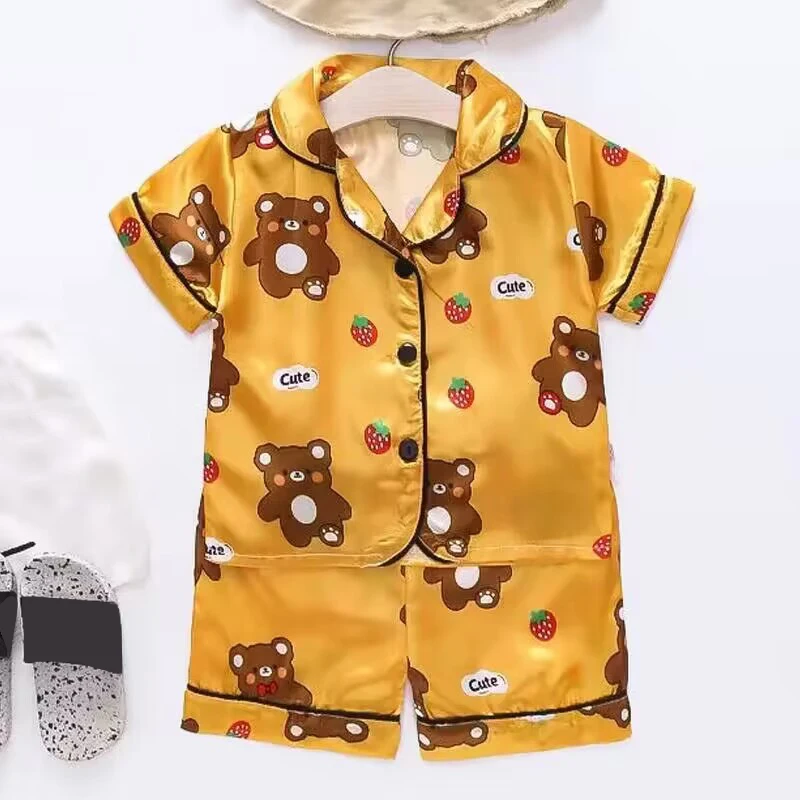 Children's Pajama Set Cartoon Little Bear Girl Ice Silk Satin Top and Pants Set Boys' Pajamas Spring/Summer Baby Set