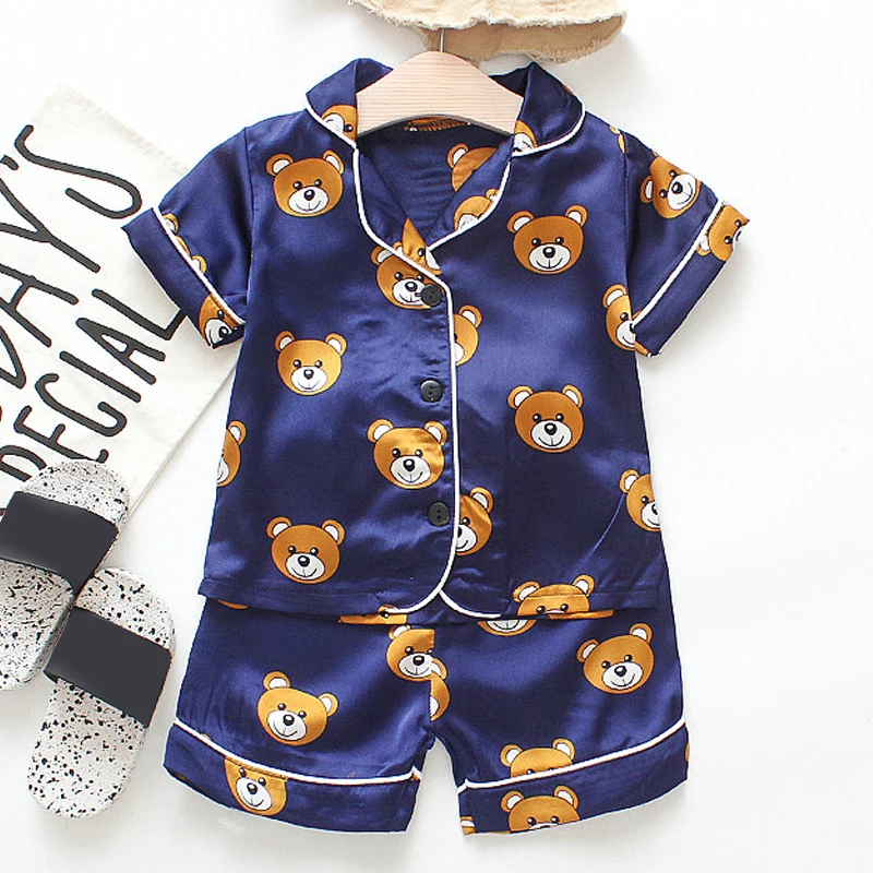 Children's Pajama Set Cartoon Little Bear Girl Ice Silk Satin Top and Pants Set Boys' Pajamas Spring/Summer Baby Set