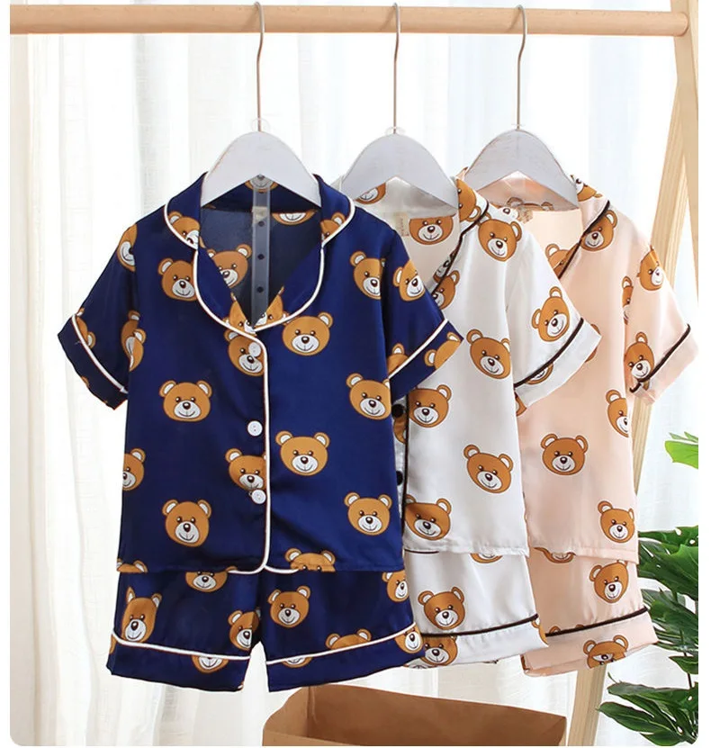 Children's Pajama Set Cartoon Little Bear Girl Ice Silk Satin Top and Pants Set Boys' Pajamas Spring/Summer Baby Set
