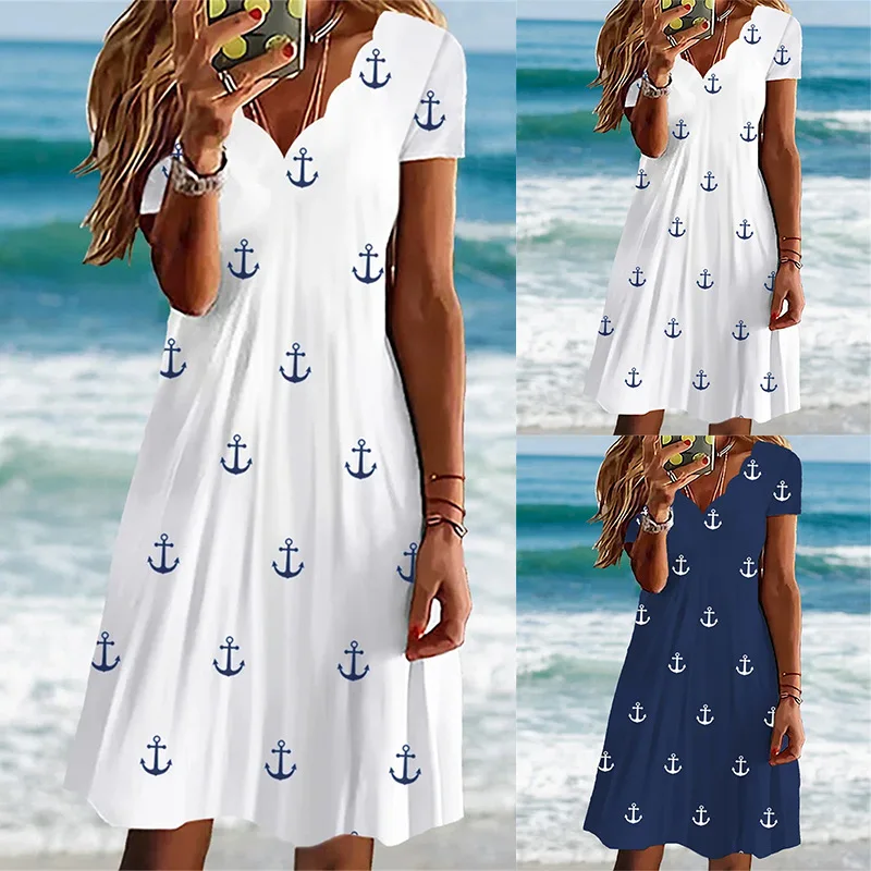 Fashion Fresh Style Summer A-Line Casual Small Boat Medium Stretch Dress Sexy Wave V-Neck Short Sleeve Anchor Print Floral Dress