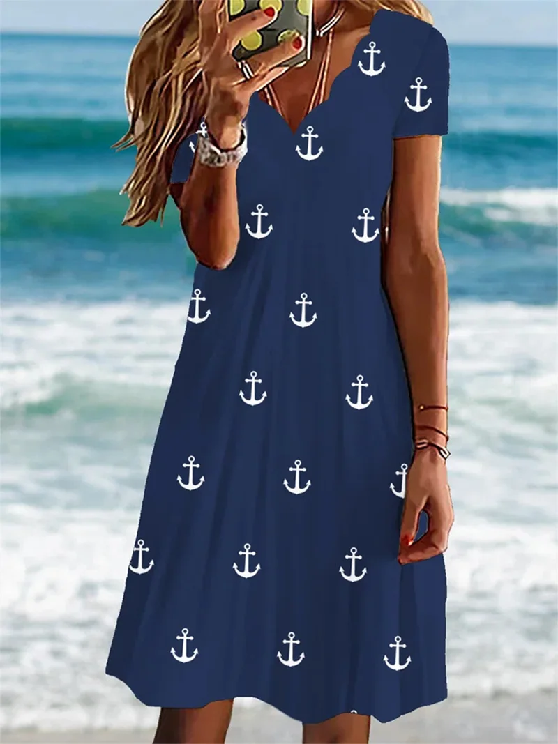Fashion Fresh Style Summer A-Line Casual Small Boat Medium Stretch Dress Sexy Wave V-Neck Short Sleeve Anchor Print Floral Dress