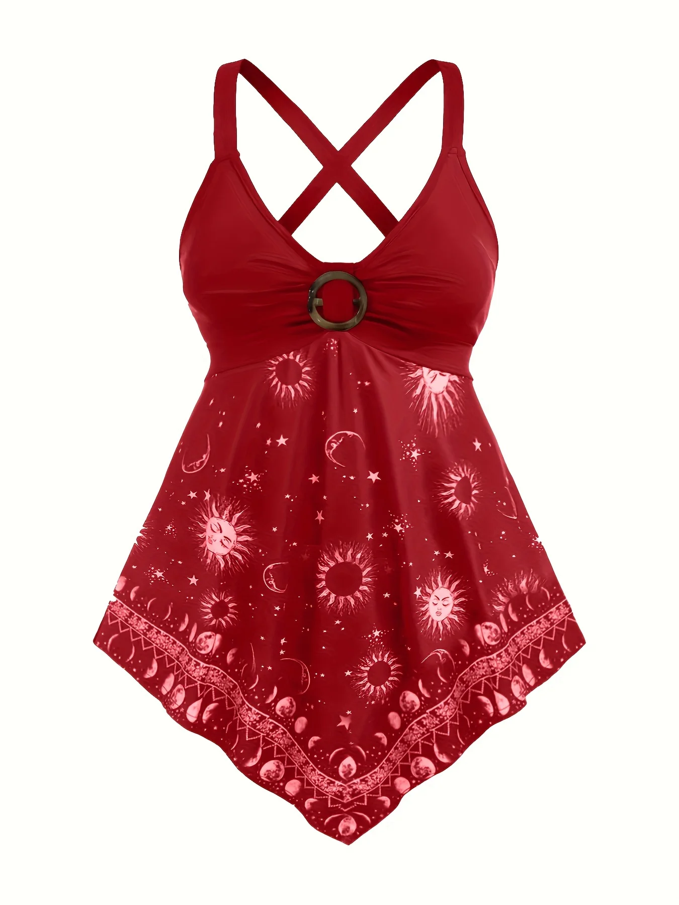 Plus Size Summer Suspender Casual Tank, Women's Oversized Sun & Moon Print Metal Decor V Neck Sexy Slight Stretch Cami Top