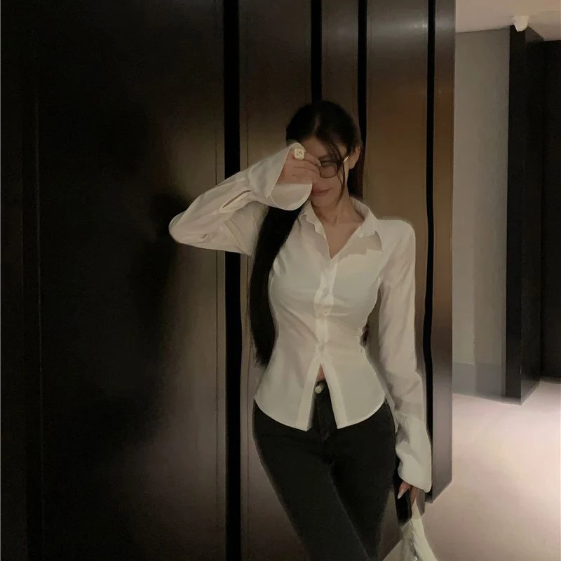 Women Bandage Shirts Streetwear White Flare Long Sleeve Slim Blouses Spring Korean Fashion Black Lace Up Casual All Match Tops