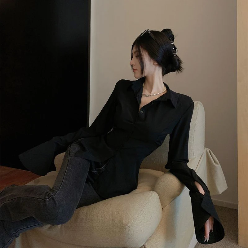 Women Bandage Shirts Streetwear White Flare Long Sleeve Slim Blouses Spring Korean Fashion Black Lace Up Casual All Match Tops