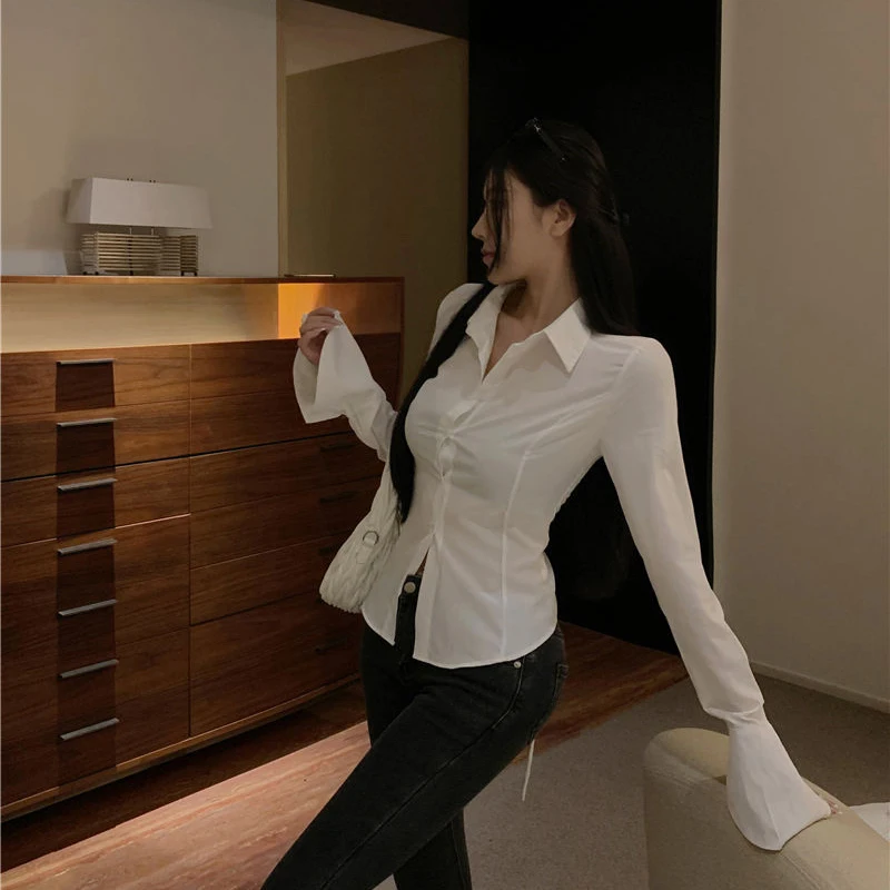 Women Bandage Shirts Streetwear White Flare Long Sleeve Slim Blouses Spring Korean Fashion Black Lace Up Casual All Match Tops