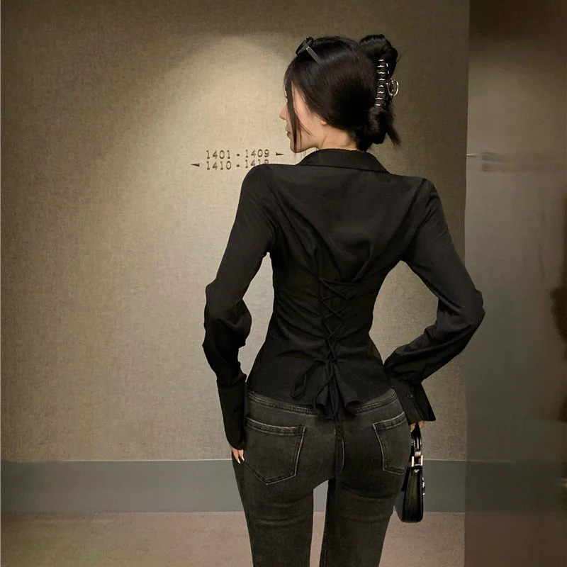 Women Bandage Shirts Streetwear White Flare Long Sleeve Slim Blouses Spring Korean Fashion Black Lace Up Casual All Match Tops