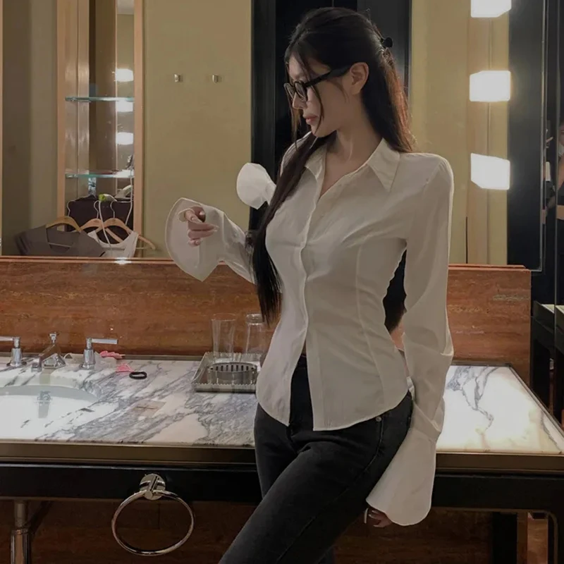 Women Bandage Shirts Streetwear White Flare Long Sleeve Slim Blouses Spring Korean Fashion Black Lace Up Casual All Match Tops