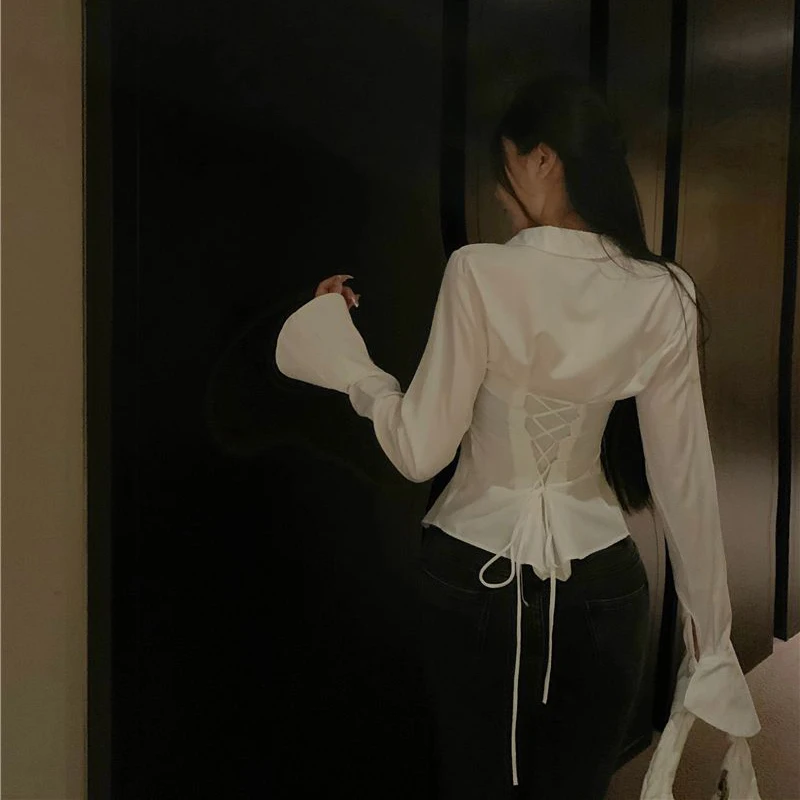 Women Bandage Shirts Streetwear White Flare Long Sleeve Slim Blouses Spring Korean Fashion Black Lace Up Casual All Match Tops