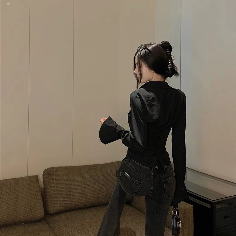 Women Bandage Shirts Streetwear White Flare Long Sleeve Slim Blouses Spring Korean Fashion Black Lace Up Casual All Match Tops