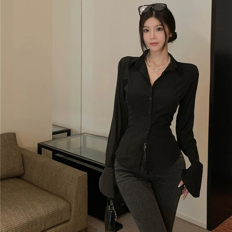 Women Bandage Shirts Streetwear White Flare Long Sleeve Slim Blouses Spring Korean Fashion Black Lace Up Casual All Match Tops