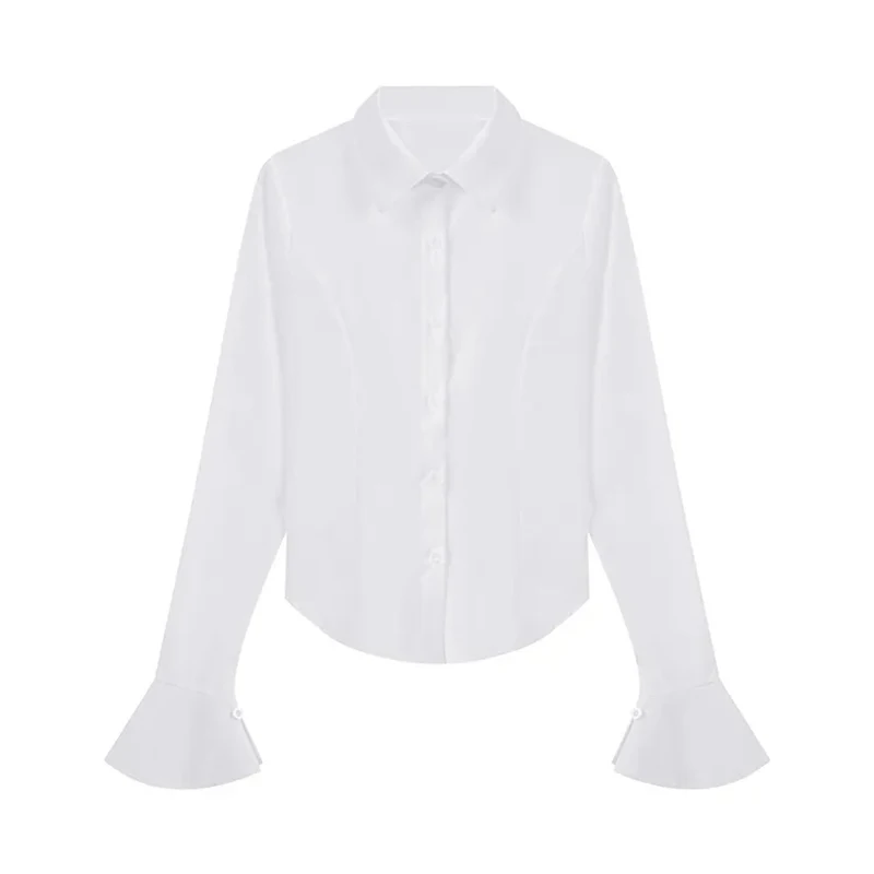 Women Bandage Shirts Streetwear White Flare Long Sleeve Slim Blouses Spring Korean Fashion Black Lace Up Casual All Match Tops