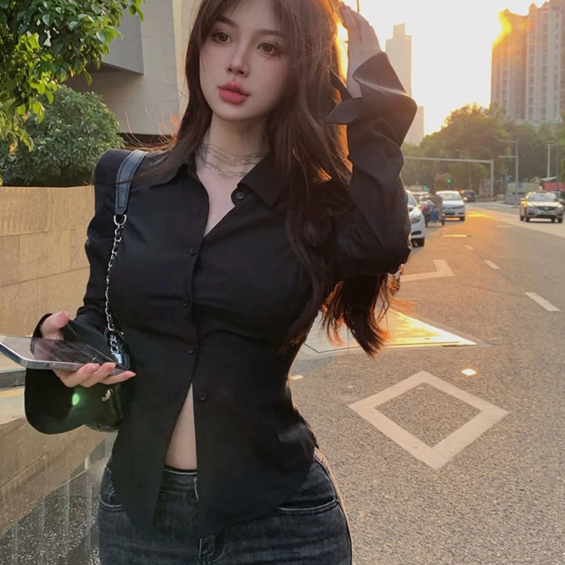 Women Bandage Shirts Streetwear White Flare Long Sleeve Slim Blouses Spring Korean Fashion Black Lace Up Casual All Match Tops