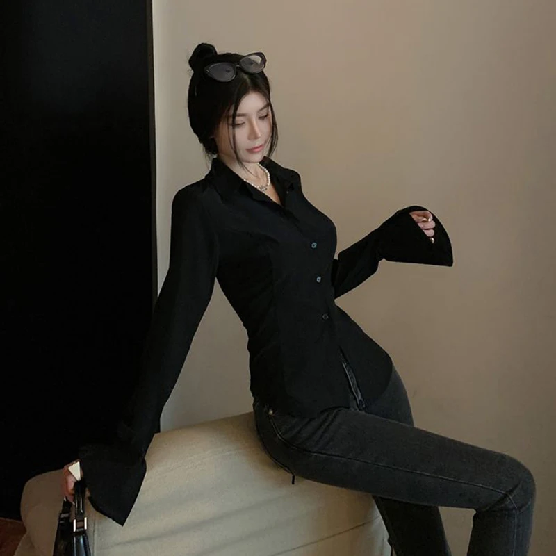 Women Bandage Shirts Streetwear White Flare Long Sleeve Slim Blouses Spring Korean Fashion Black Lace Up Casual All Match Tops
