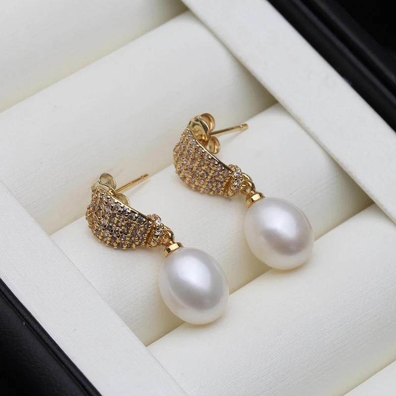 Natural Freshwater Pearl Drop Earrings,Real Pearl Elegant Earrings Gold Plated White Pearl Earrings Fine Jewelry Birthday Gifts