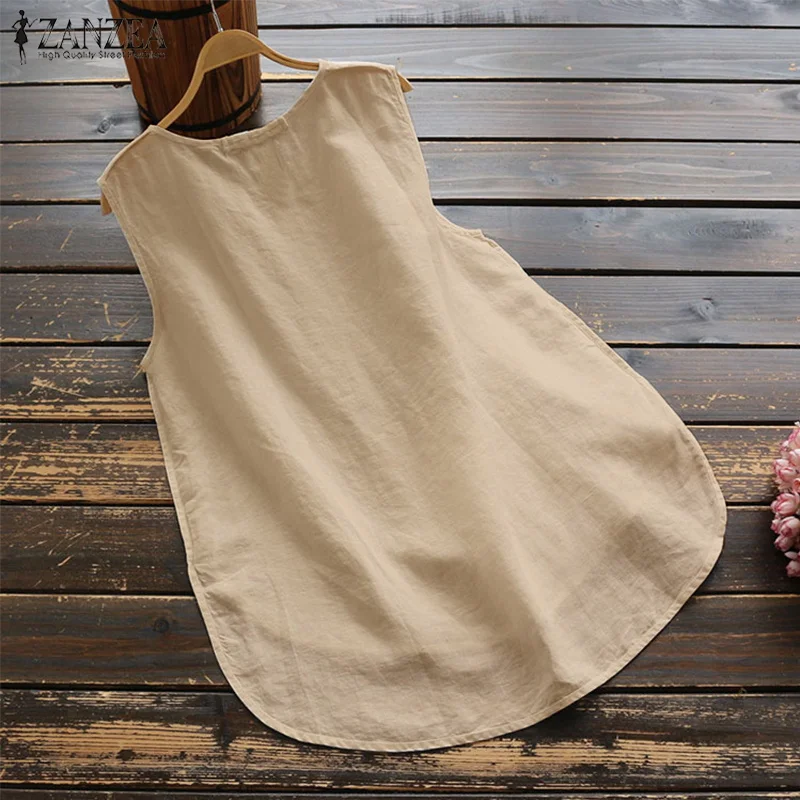 Fashion Summer Blouse 2024 ZANZEA Women Elegant O Neck Sleeveless Shirt Solid Loose Cotton Tanks Tops Casual Beach Blusas Mujer