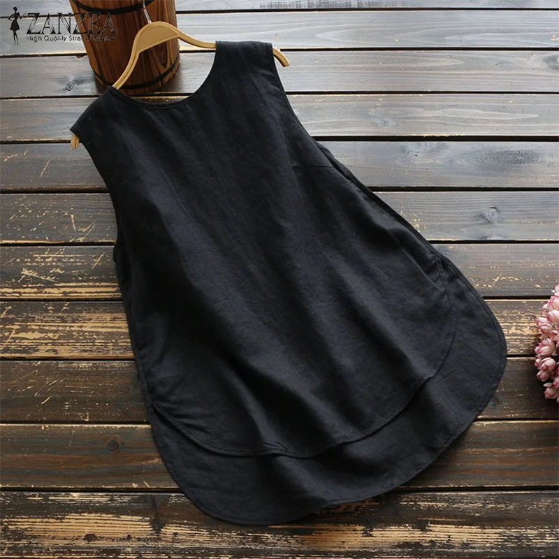 Fashion Summer Blouse 2024 ZANZEA Women Elegant O Neck Sleeveless Shirt Solid Loose Cotton Tanks Tops Casual Beach Blusas Mujer