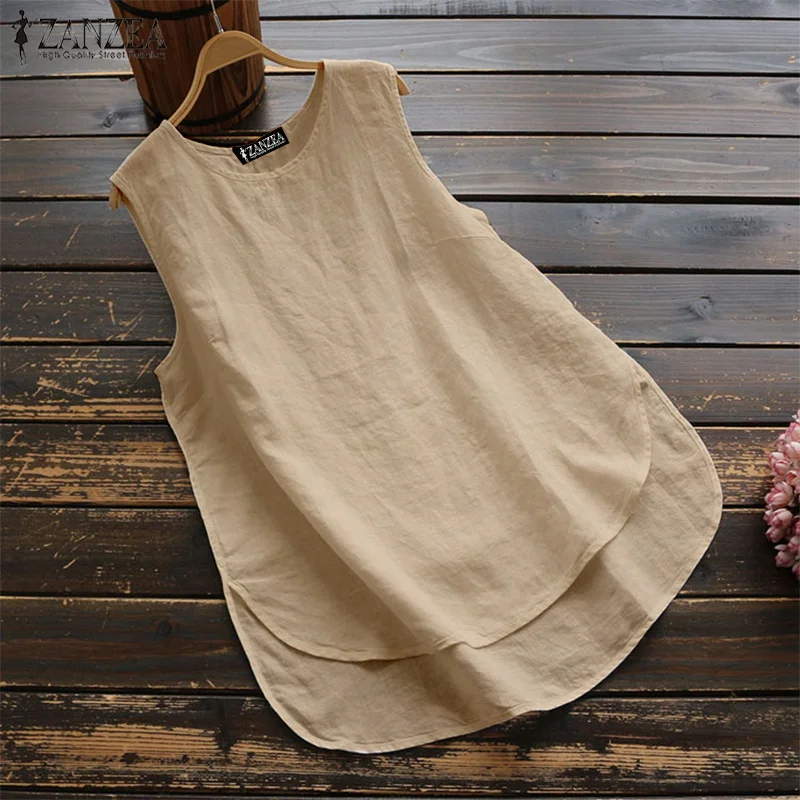 Fashion Summer Blouse 2024 ZANZEA Women Elegant O Neck Sleeveless Shirt Solid Loose Cotton Tanks Tops Casual Beach Blusas Mujer