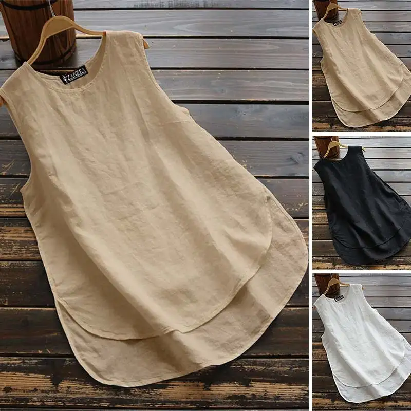 Fashion Summer Blouse 2024 ZANZEA Women Elegant O Neck Sleeveless Shirt Solid Loose Cotton Tanks Tops Casual Beach Blusas Mujer