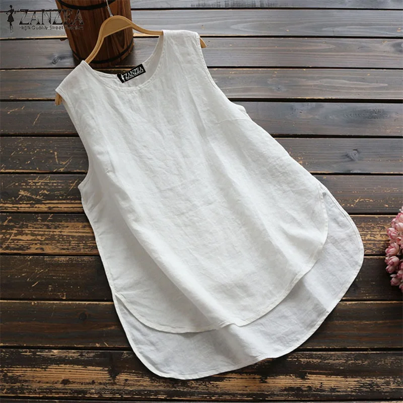Fashion Summer Blouse 2024 ZANZEA Women Elegant O Neck Sleeveless Shirt Solid Loose Cotton Tanks Tops Casual Beach Blusas Mujer