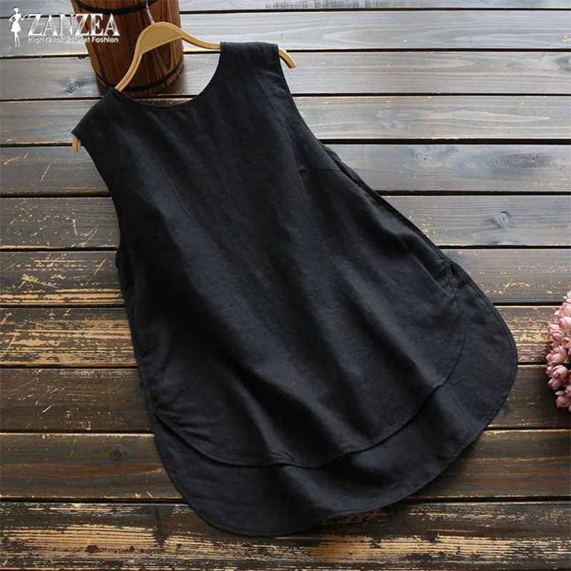Fashion Summer Blouse 2024 ZANZEA Women Elegant O Neck Sleeveless Shirt Solid Loose Cotton Tanks Tops Casual Beach Blusas Mujer