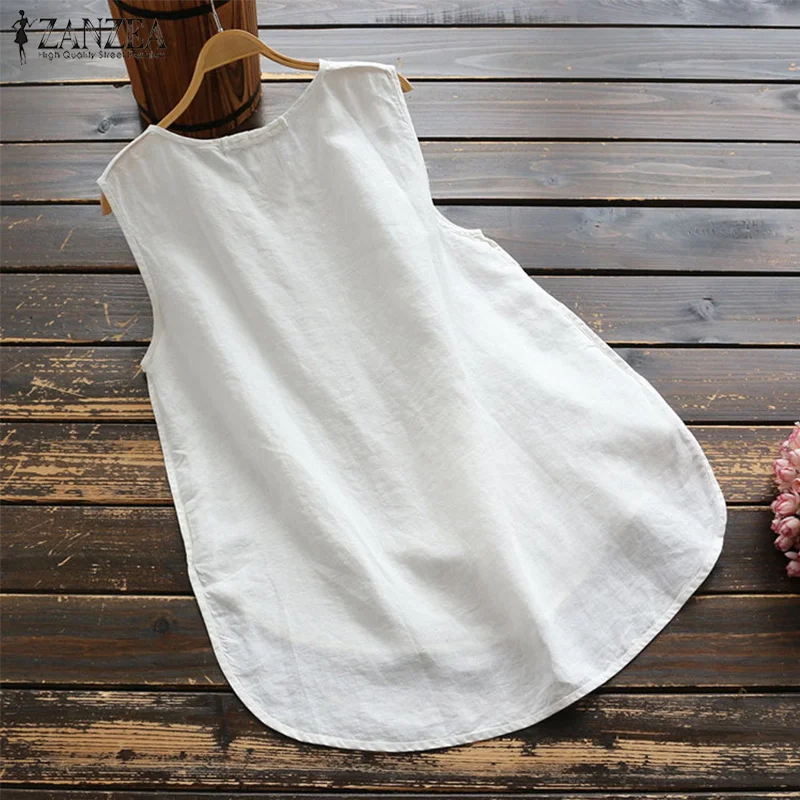 Fashion Summer Blouse 2024 ZANZEA Women Elegant O Neck Sleeveless Shirt Solid Loose Cotton Tanks Tops Casual Beach Blusas Mujer