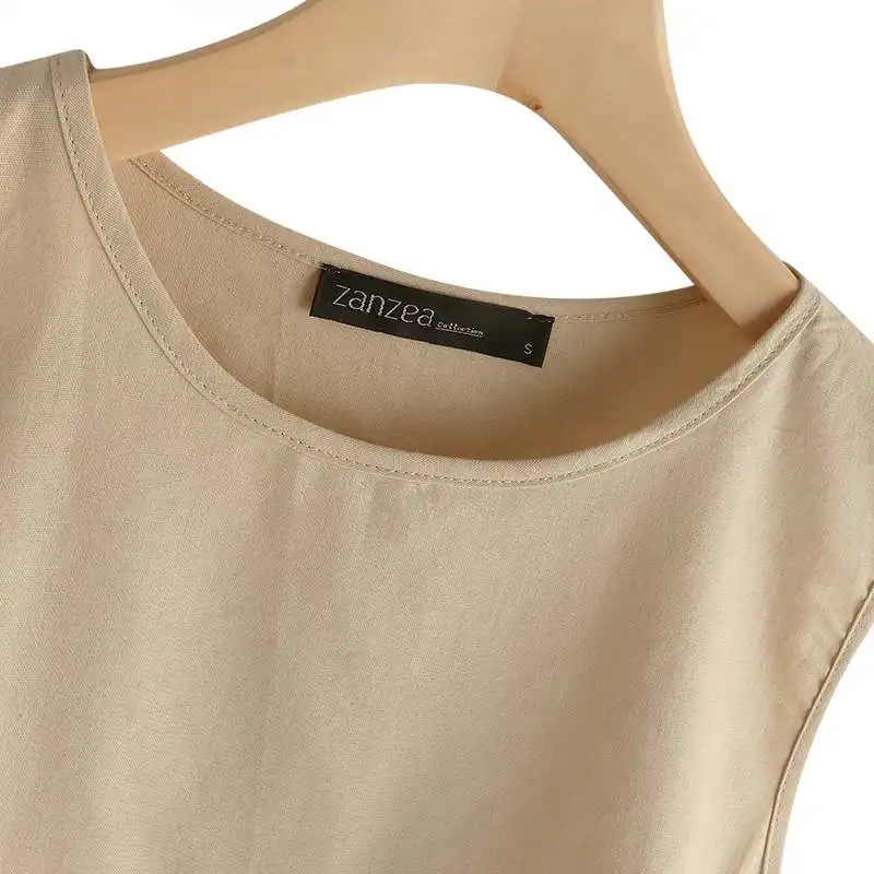 Fashion Summer Blouse 2024 ZANZEA Women Elegant O Neck Sleeveless Shirt Solid Loose Cotton Tanks Tops Casual Beach Blusas Mujer