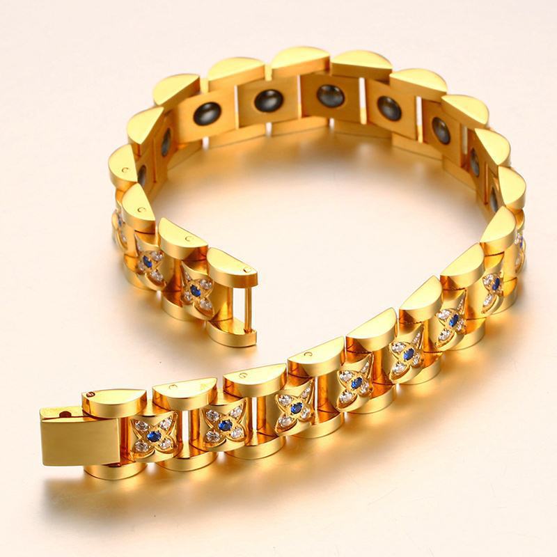 Elegant Titanium Steel Zirconia Crystal Link Bracelet Hematite Magnetic Therapy Couple Bracelets