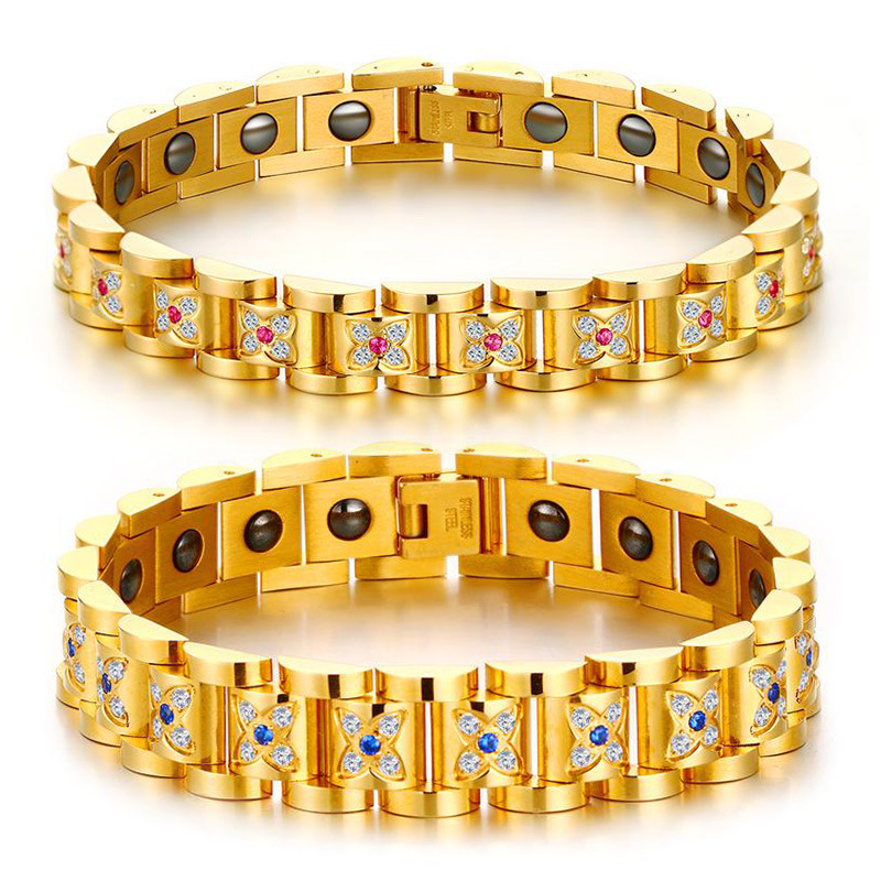 Elegant Titanium Steel Zirconia Crystal Link Bracelet Hematite Magnetic Therapy Couple Bracelets
