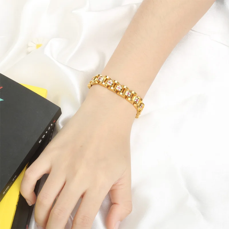 Elegant Titanium Steel Zirconia Crystal Link Bracelet Hematite Magnetic Therapy Couple Bracelets