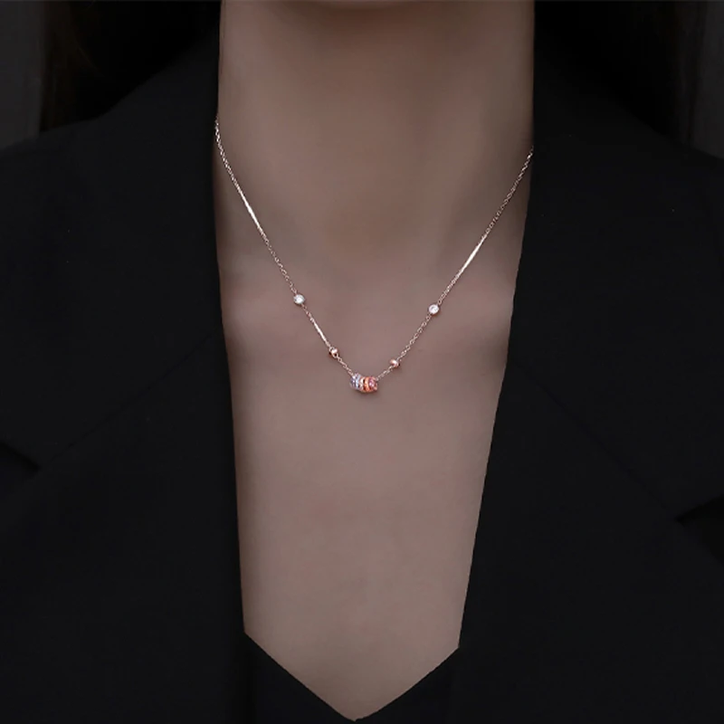 New 925 Sterling Silver Girls Handmade Round Colored Circled Choker Zircon Stone Necklace Simple Shaped Pendant Women's Wedding