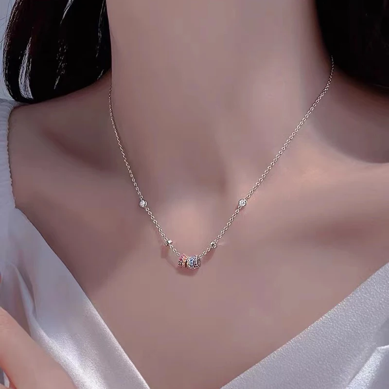 New 925 Sterling Silver Girls Handmade Round Colored Circled Choker Zircon Stone Necklace Simple Shaped Pendant Women's Wedding