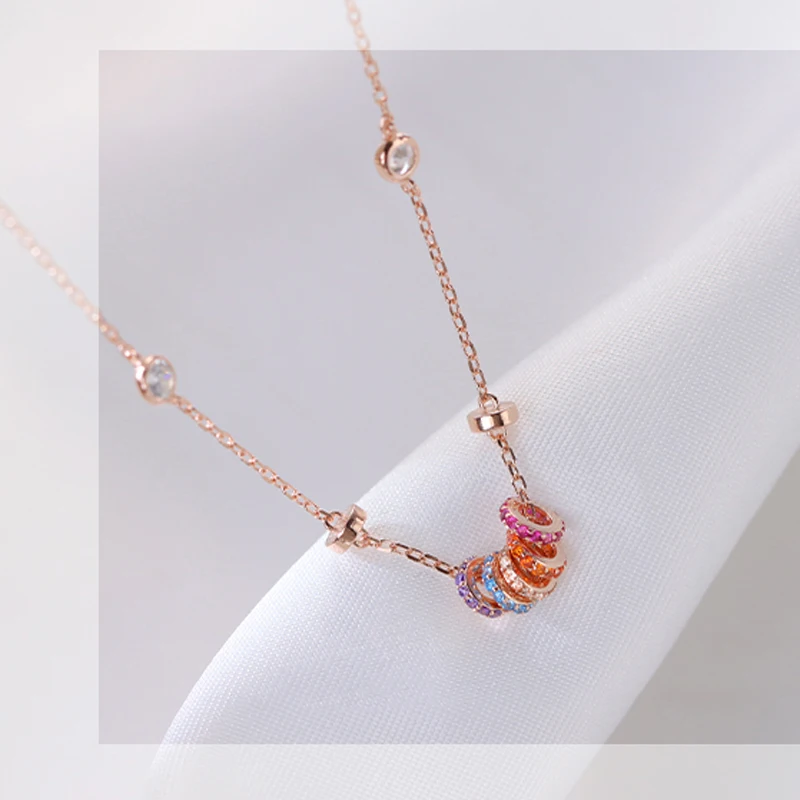 New 925 Sterling Silver Girls Handmade Round Colored Circled Choker Zircon Stone Necklace Simple Shaped Pendant Women's Wedding
