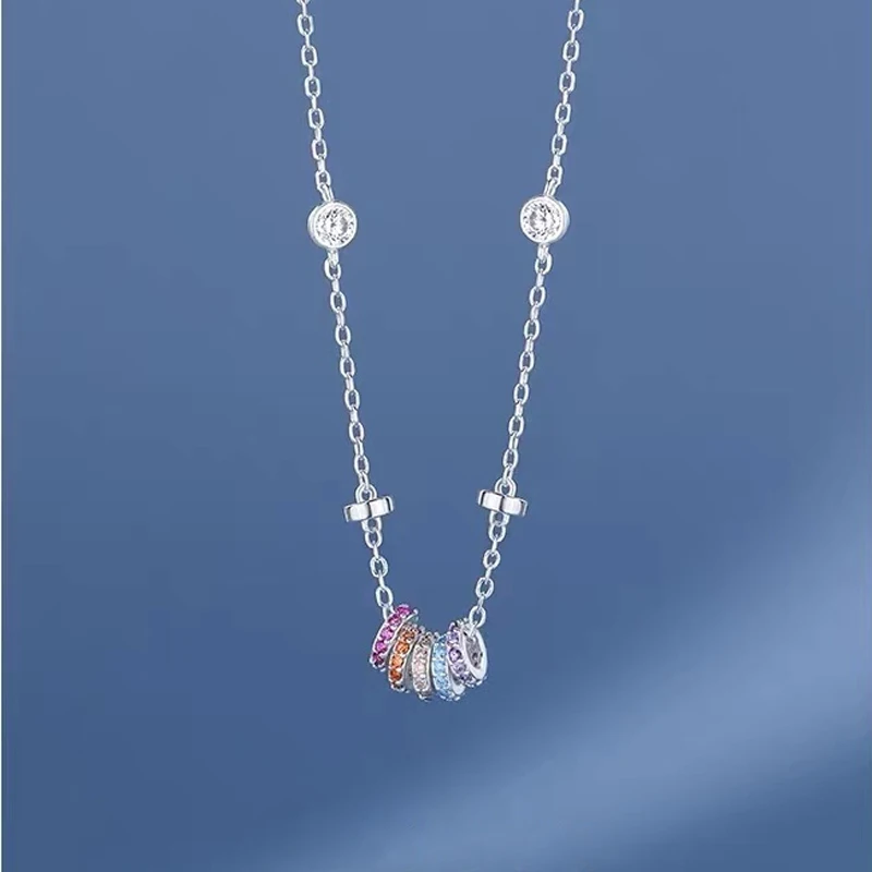 New 925 Sterling Silver Girls Handmade Round Colored Circled Choker Zircon Stone Necklace Simple Shaped Pendant Women's Wedding