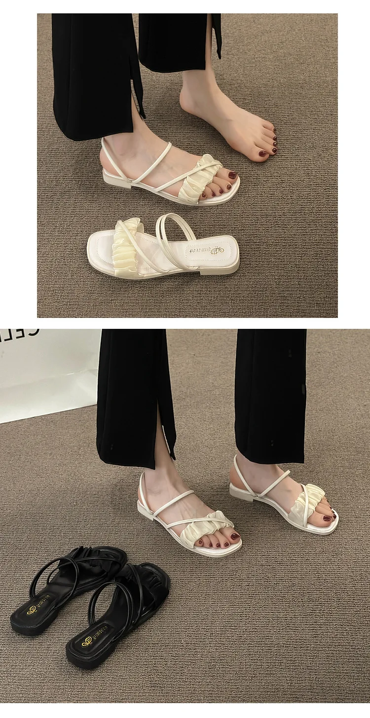 2023 Fashion Woman Sandals Women Sandals Ladies Square Heels Elegant Summer Slippers Outside Cross Tied Leather Female Slides