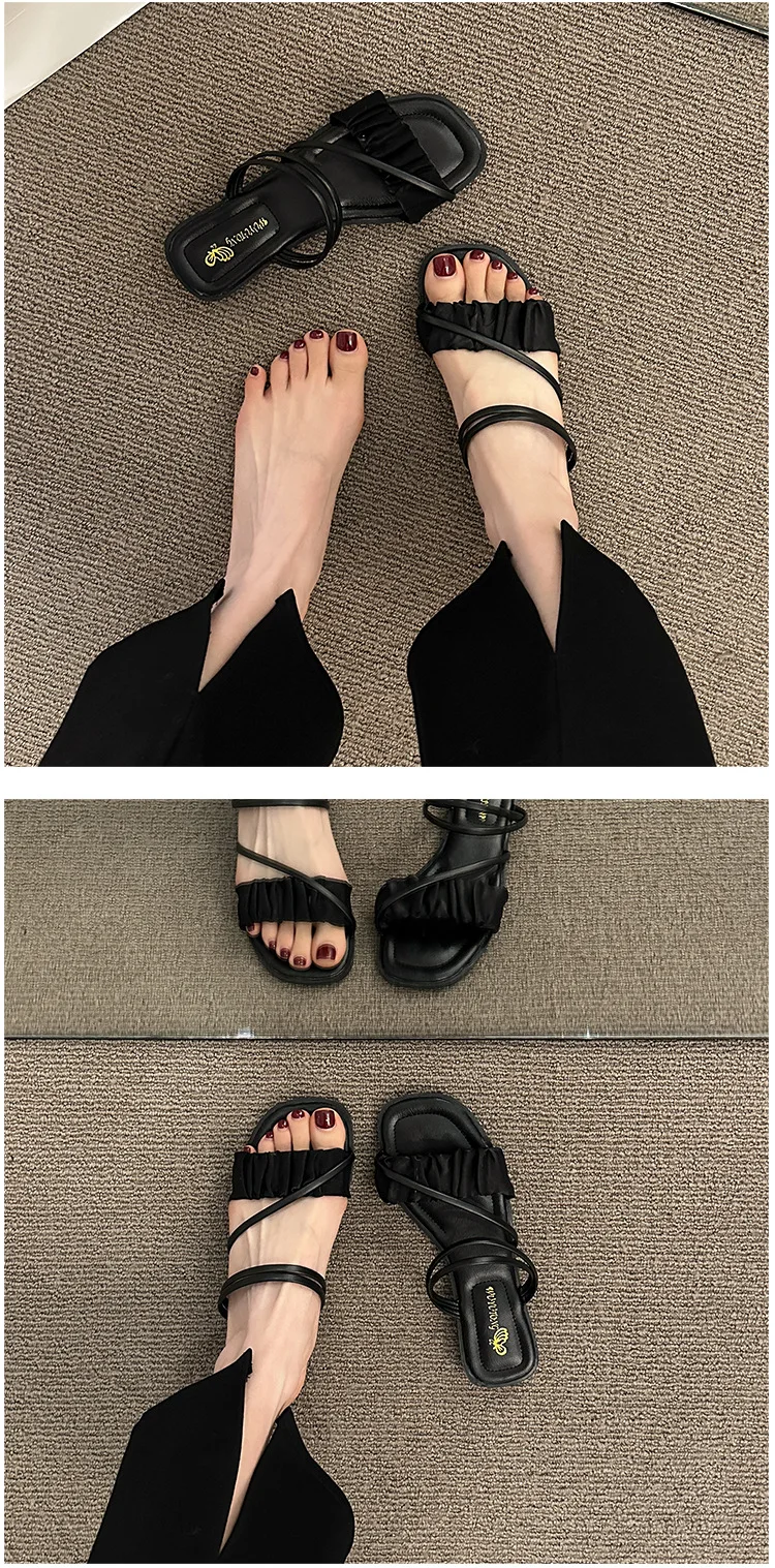 2023 Fashion Woman Sandals Women Sandals Ladies Square Heels Elegant Summer Slippers Outside Cross Tied Leather Female Slides