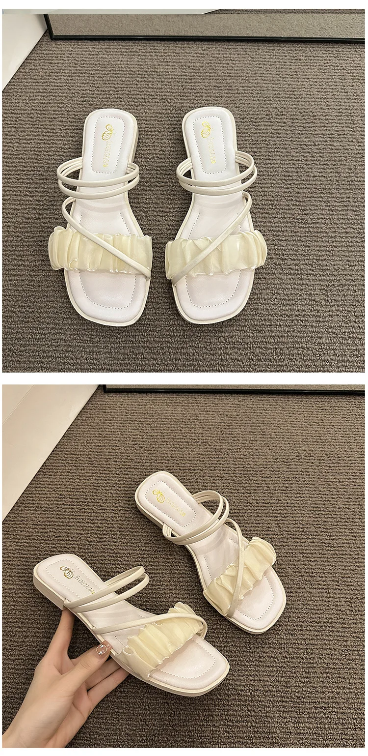 2023 Fashion Woman Sandals Women Sandals Ladies Square Heels Elegant Summer Slippers Outside Cross Tied Leather Female Slides