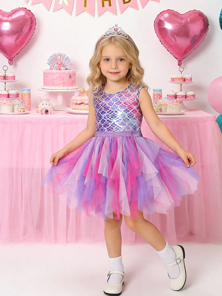 DXTON Summer Princess Sleeveless Dress Children Birthday Party Clothing Irregular Layer Prom Girls Dresses Kids Tulle Costumes