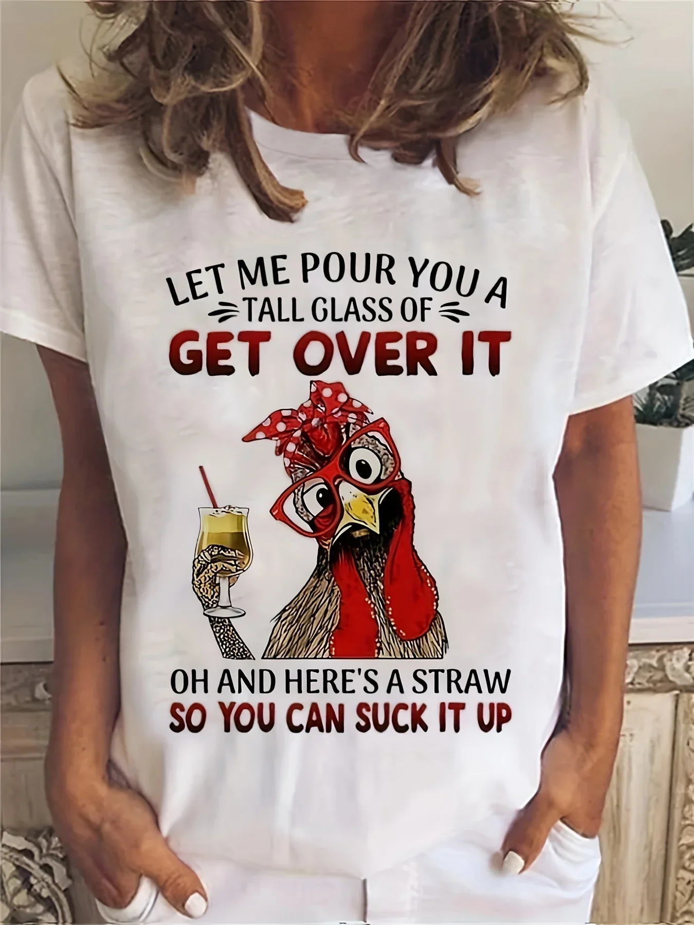 Cartoon Chicken Print T-Shirt Casual Short Sleeve Top For Spring & Summer Women's Clothing