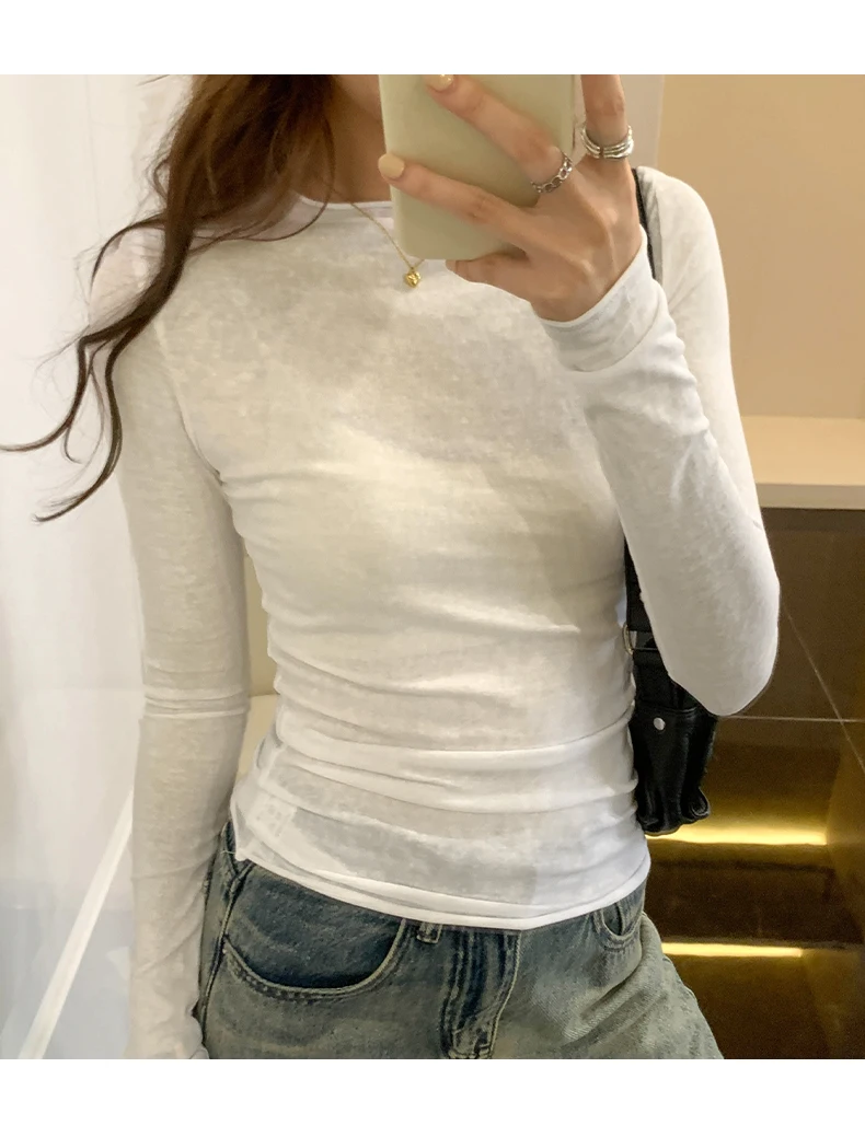 2026 Spring Autumn T-shirt Women Tops Solid Slim Fit Long Sleeve O Neck Tshirts Female Casual Streetwear High Quality Base Tees