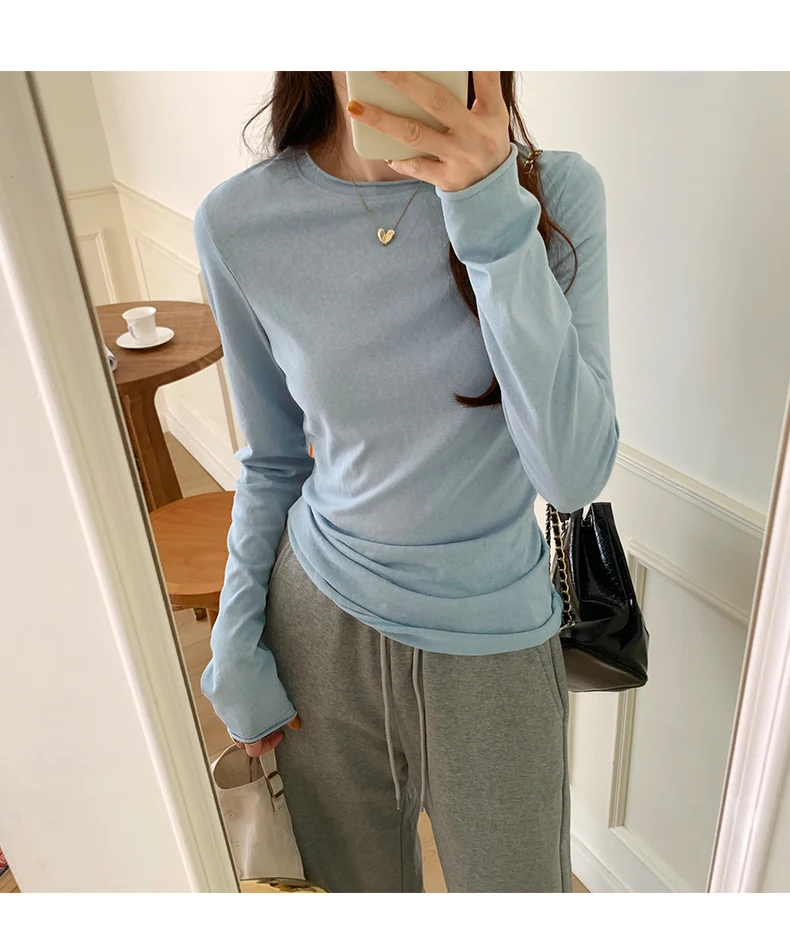 2026 Spring Autumn T-shirt Women Tops Solid Slim Fit Long Sleeve O Neck Tshirts Female Casual Streetwear High Quality Base Tees