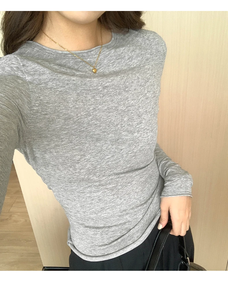 2026 Spring Autumn T-shirt Women Tops Solid Slim Fit Long Sleeve O Neck Tshirts Female Casual Streetwear High Quality Base Tees