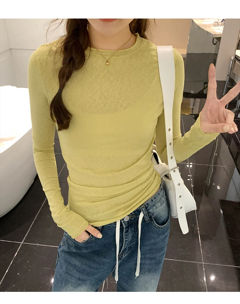 2026 Spring Autumn T-shirt Women Tops Solid Slim Fit Long Sleeve O Neck Tshirts Female Casual Streetwear High Quality Base Tees