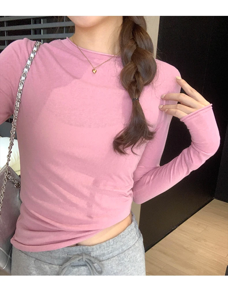 2026 Spring Autumn T-shirt Women Tops Solid Slim Fit Long Sleeve O Neck Tshirts Female Casual Streetwear High Quality Base Tees