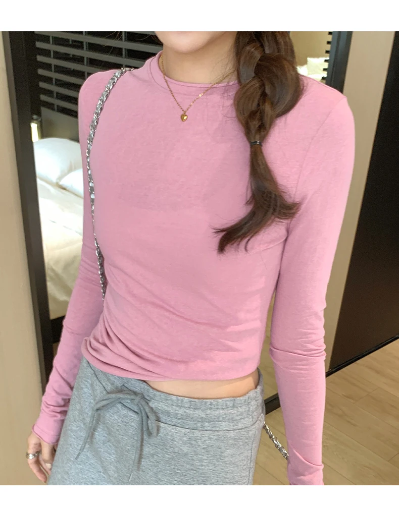 2026 Spring Autumn T-shirt Women Tops Solid Slim Fit Long Sleeve O Neck Tshirts Female Casual Streetwear High Quality Base Tees