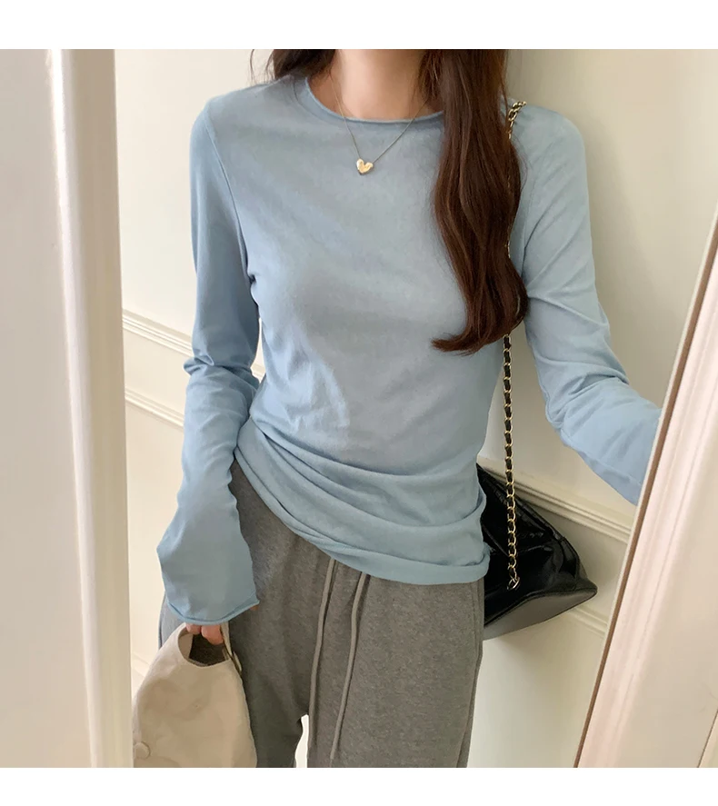 2026 Spring Autumn T-shirt Women Tops Solid Slim Fit Long Sleeve O Neck Tshirts Female Casual Streetwear High Quality Base Tees