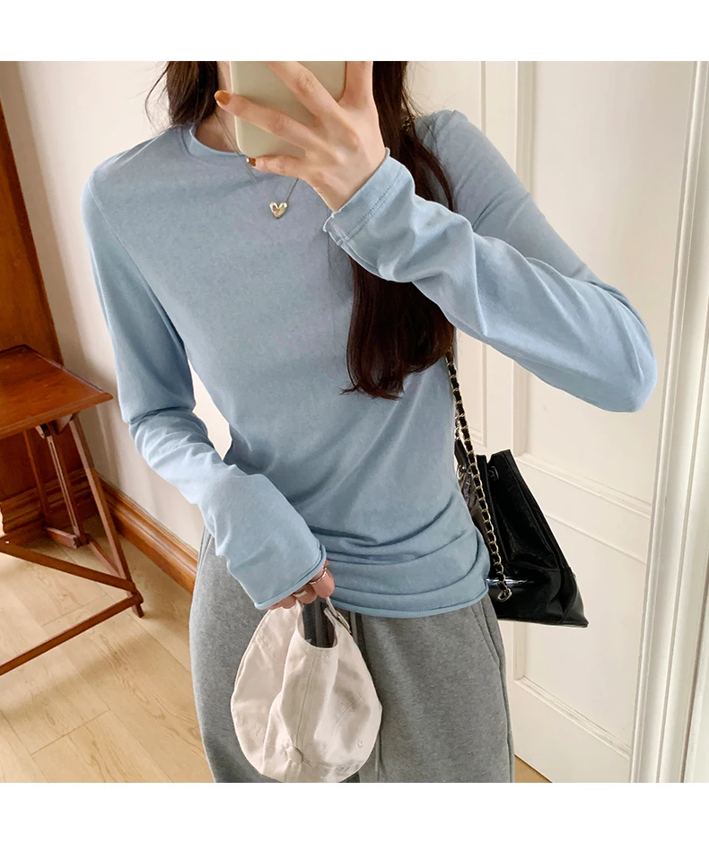 2026 Spring Autumn T-shirt Women Tops Solid Slim Fit Long Sleeve O Neck Tshirts Female Casual Streetwear High Quality Base Tees